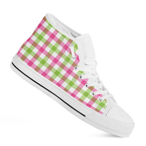 White Pink And Green Buffalo Plaid Print White High Top Shoes