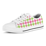 White Pink And Green Buffalo Plaid Print White Low Top Shoes