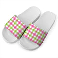 White Pink And Green Buffalo Plaid Print White Slide Sandals