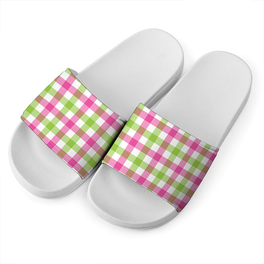 White Pink And Green Buffalo Plaid Print White Slide Sandals