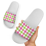 White Pink And Green Buffalo Plaid Print White Slide Sandals
