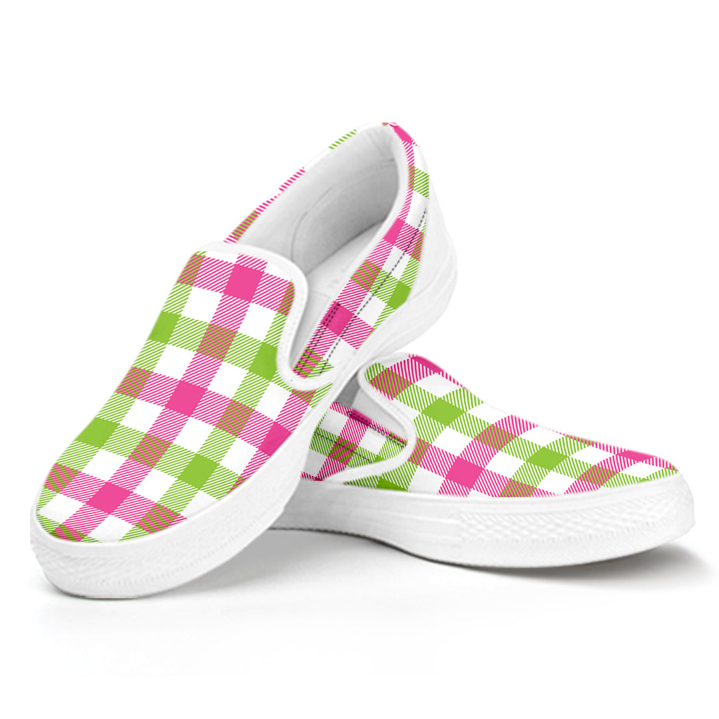 White Pink And Green Buffalo Plaid Print White Slip On Shoes