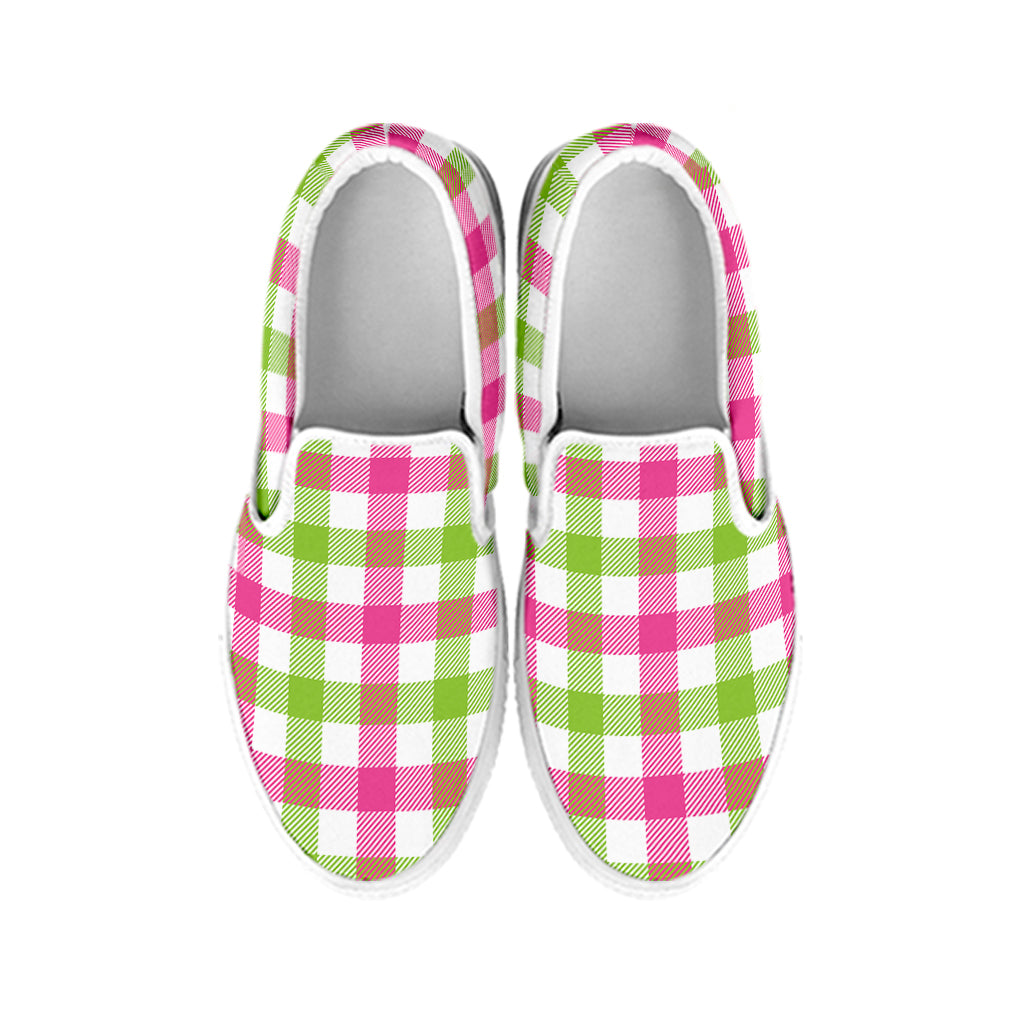 White Pink And Green Buffalo Plaid Print White Slip On Shoes