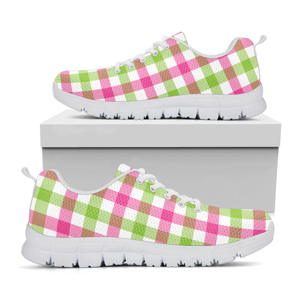 White Pink And Green Buffalo Plaid Print White Sneakers