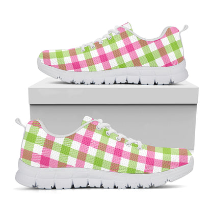 White Pink And Green Buffalo Plaid Print White Sneakers