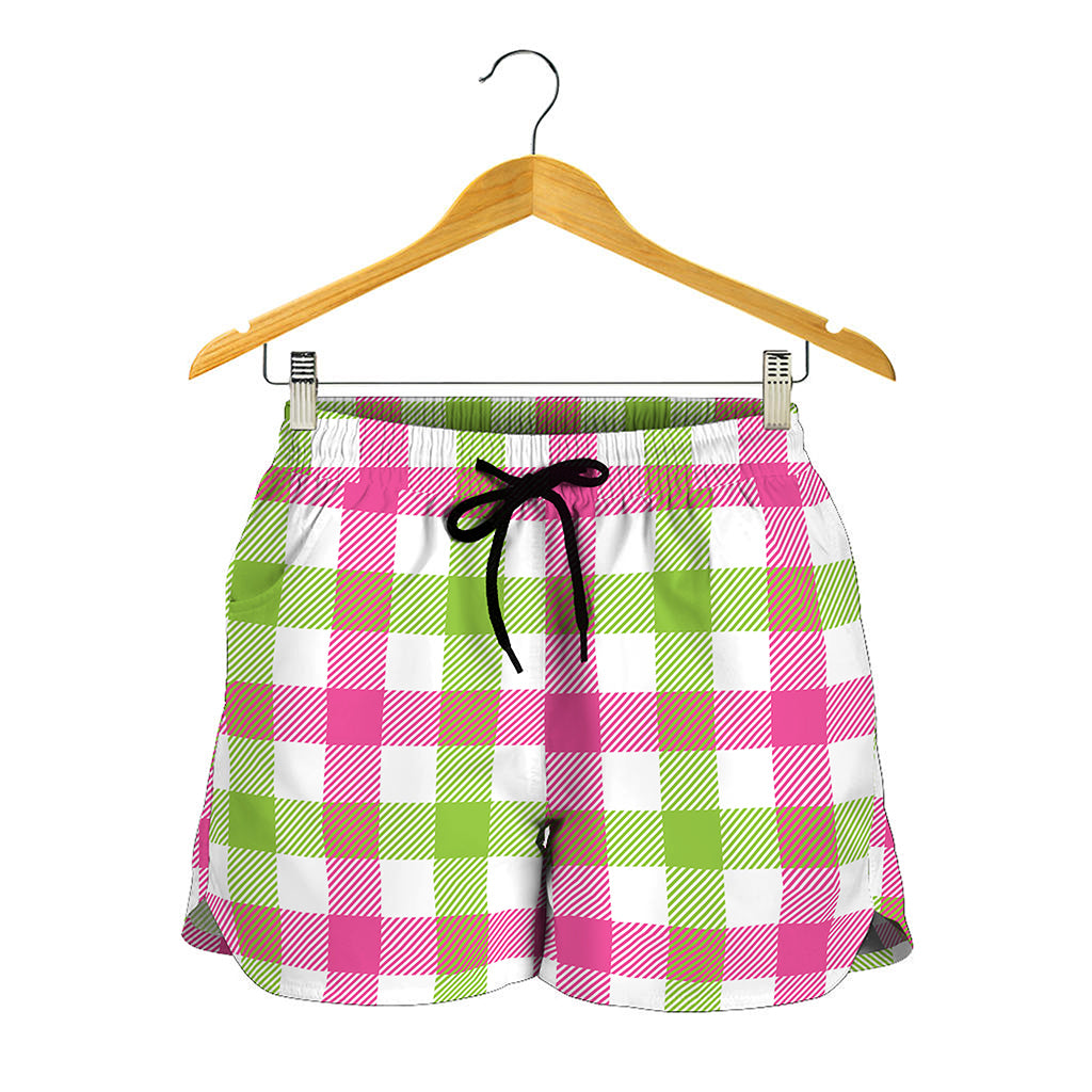 White Pink And Green Buffalo Plaid Print Women's Shorts