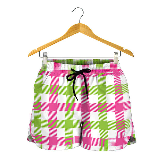 White Pink And Green Buffalo Plaid Print Women's Shorts