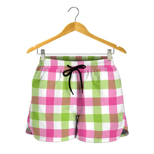White Pink And Green Buffalo Plaid Print Women's Shorts