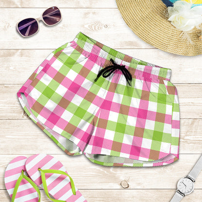 White Pink And Green Buffalo Plaid Print Women's Shorts