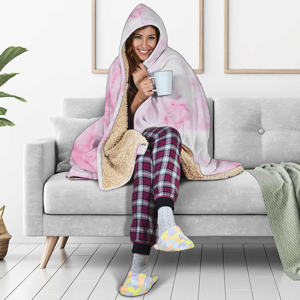 White Pink Marble Print Hooded Blanket