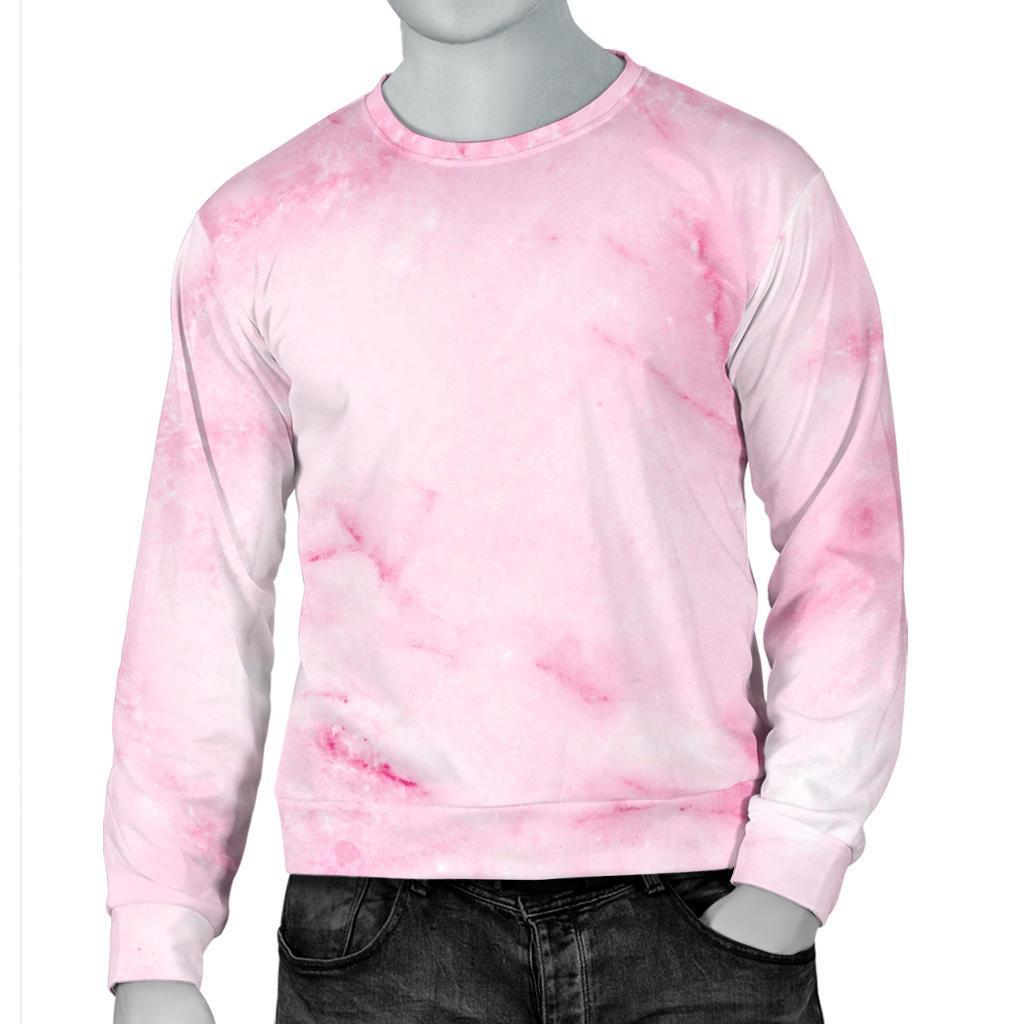 White Pink Marble Print Men's Crewneck Sweatshirt GearFrost