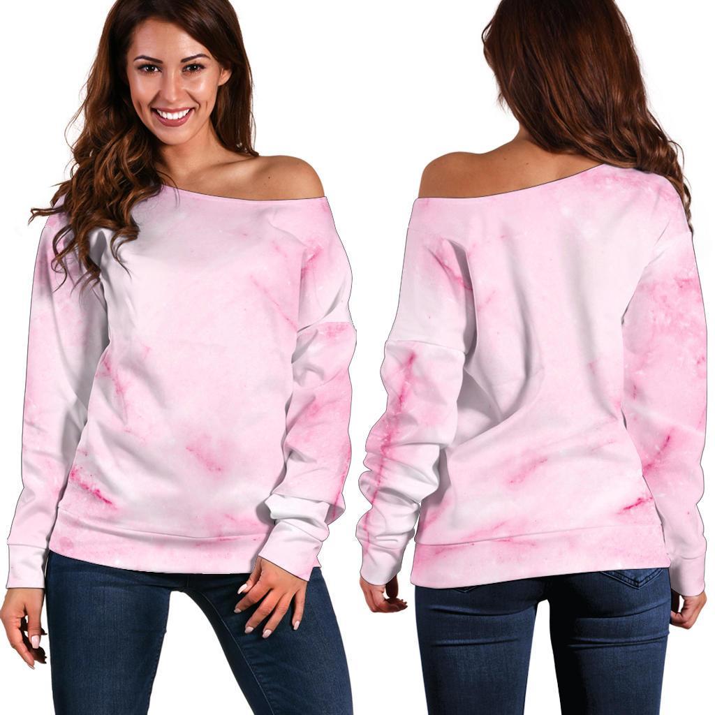 White Pink Marble Print Off Shoulder Sweatshirt GearFrost