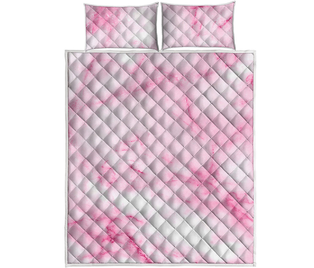 White Pink Marble Print Quilt Bed Set