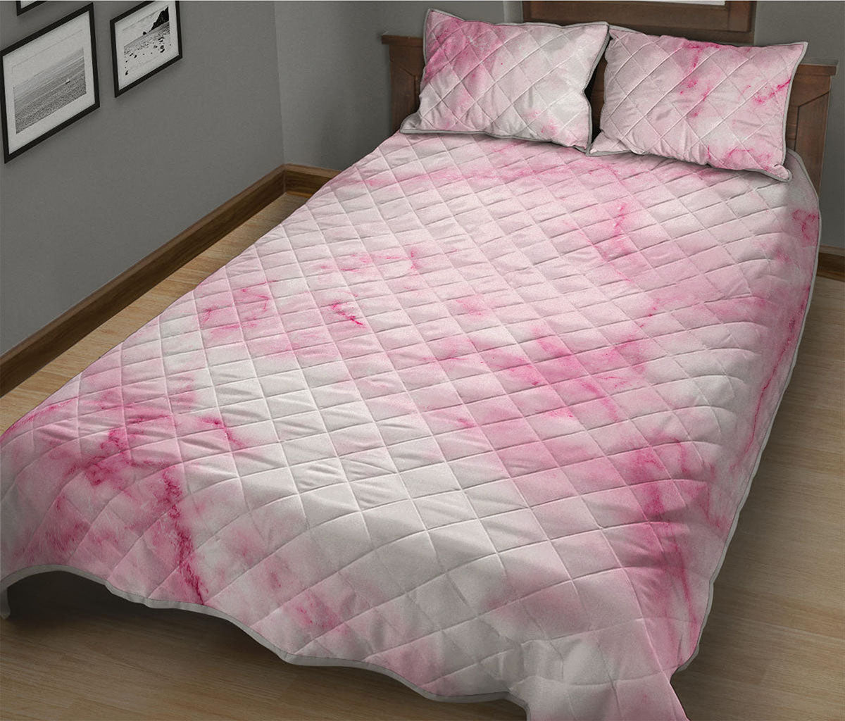 White Pink Marble Print Quilt Bed Set