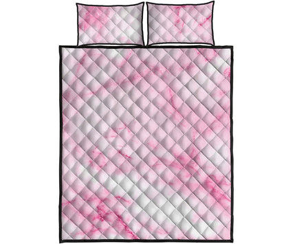 White Pink Marble Print Quilt Bed Set