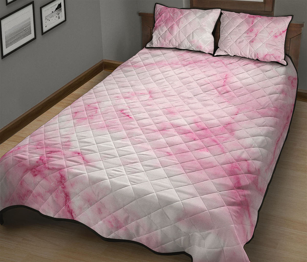 White Pink Marble Print Quilt Bed Set