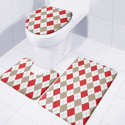 White Red And Beige Argyle Pattern Print 3 Piece Bath Mat Set
