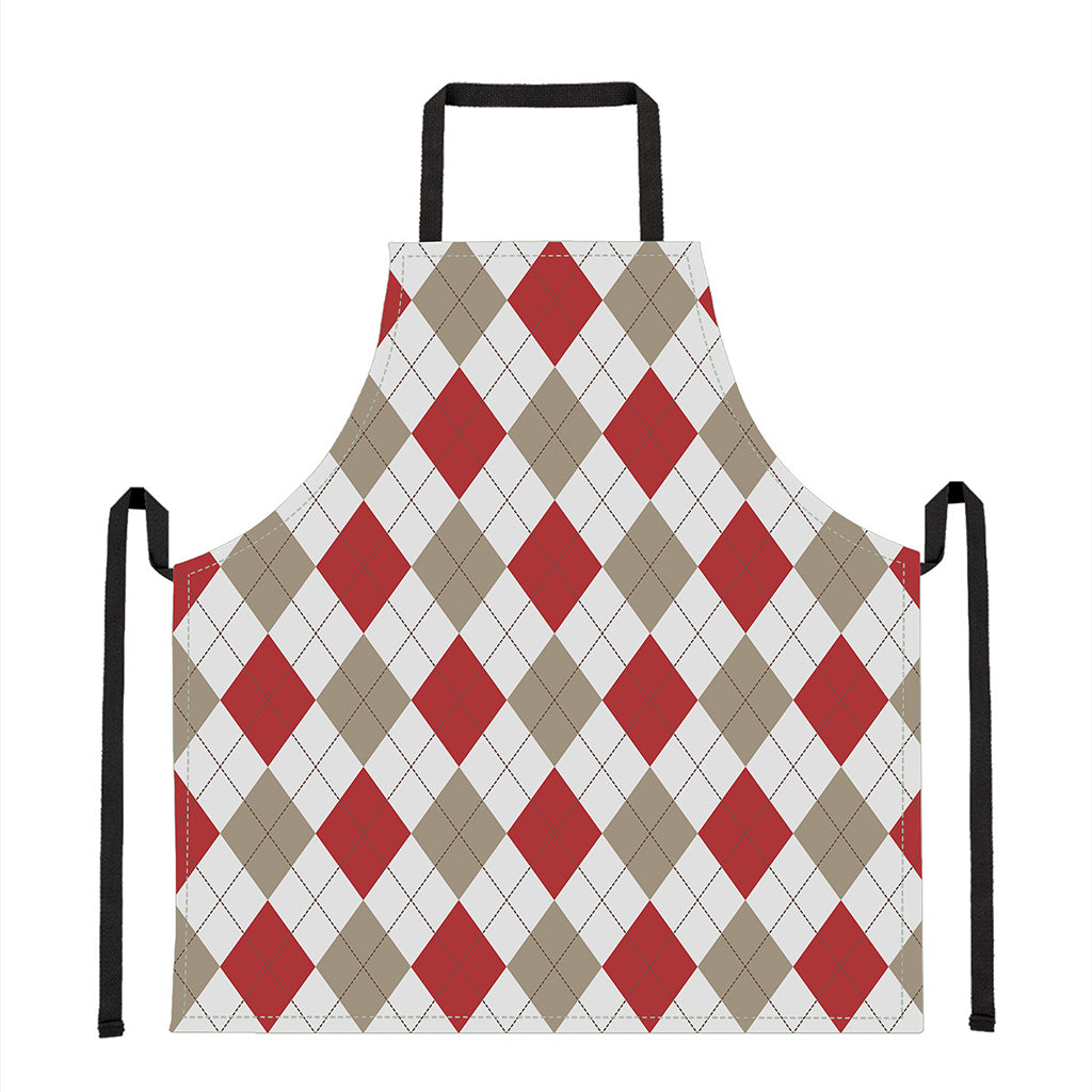 White Red And Beige Argyle Pattern Print Apron