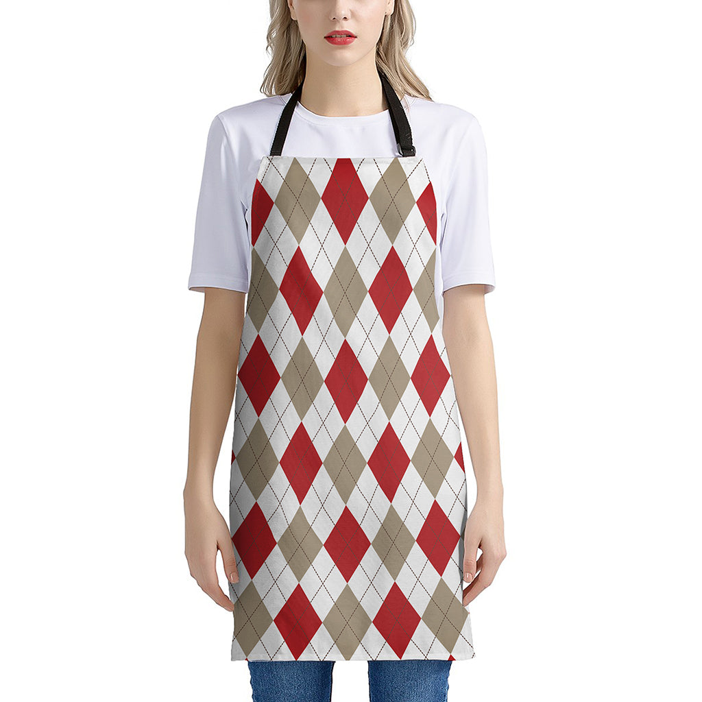 White Red And Beige Argyle Pattern Print Apron