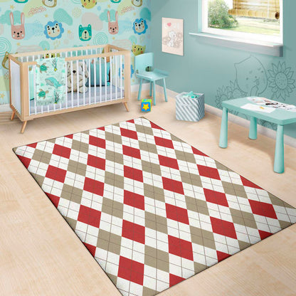 White Red And Beige Argyle Pattern Print Area Rug