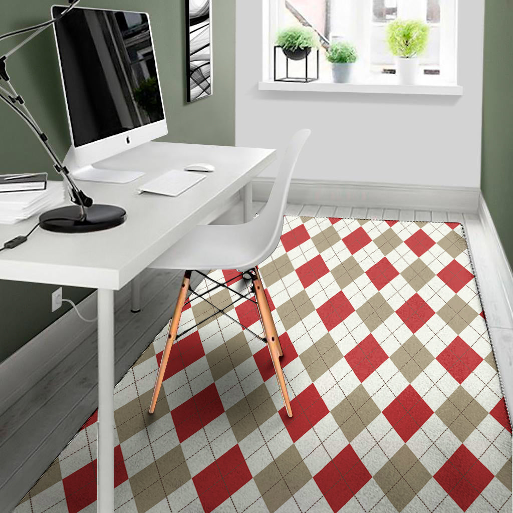 White Red And Beige Argyle Pattern Print Area Rug