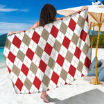 White Red And Beige Argyle Pattern Print Beach Sarong Wrap