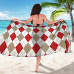 White Red And Beige Argyle Pattern Print Beach Sarong Wrap