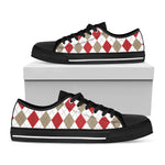 White Red And Beige Argyle Pattern Print Black Low Top Shoes