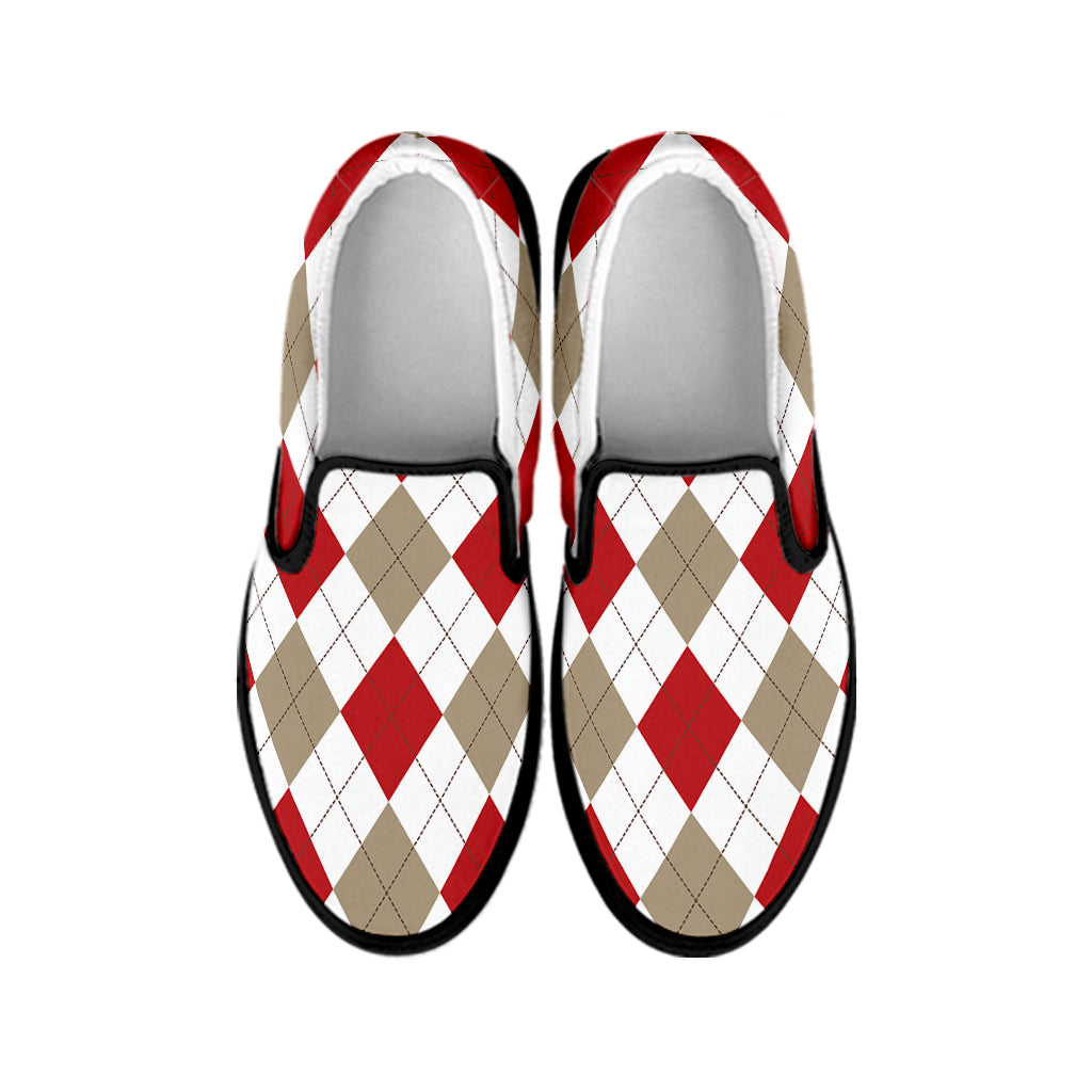 White Red And Beige Argyle Pattern Print Black Slip On Shoes