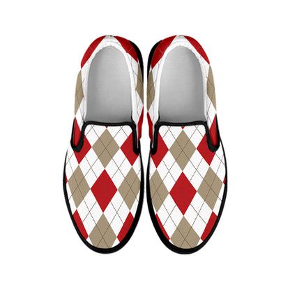 White Red And Beige Argyle Pattern Print Black Slip On Shoes
