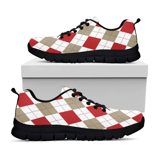 White Red And Beige Argyle Pattern Print Black Sneakers