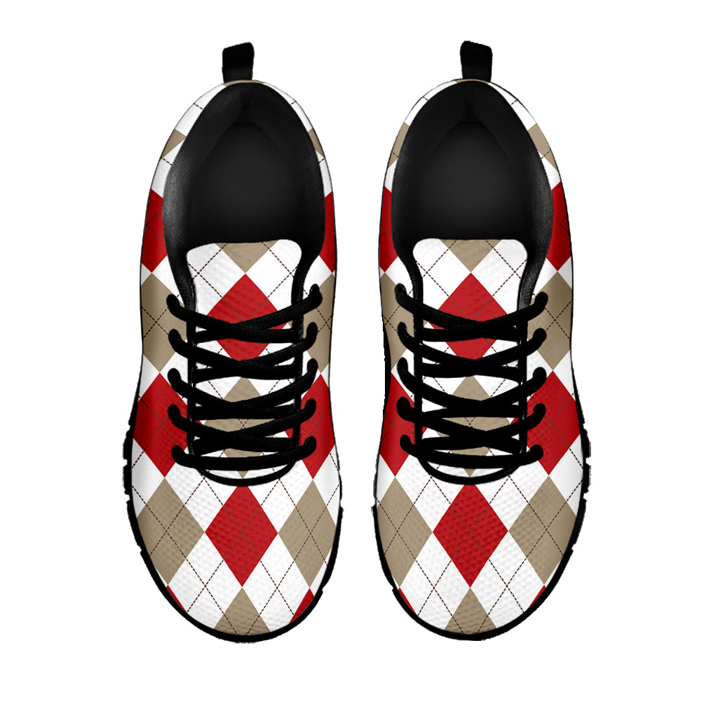 White Red And Beige Argyle Pattern Print Black Sneakers
