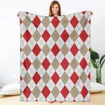 White Red And Beige Argyle Pattern Print Blanket
