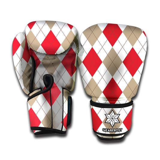 White Red And Beige Argyle Pattern Print Boxing Gloves