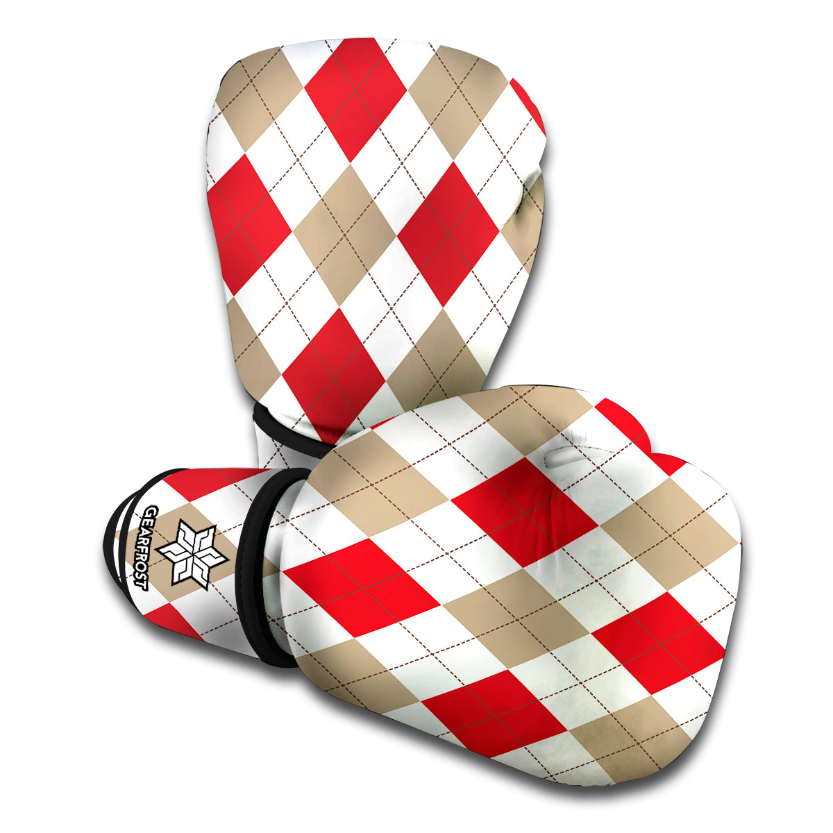 White Red And Beige Argyle Pattern Print Boxing Gloves