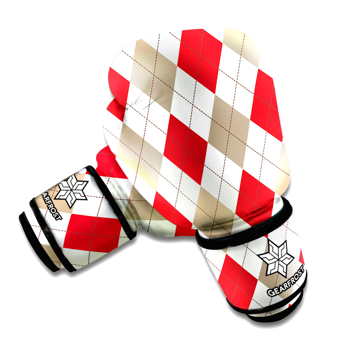 White Red And Beige Argyle Pattern Print Boxing Gloves