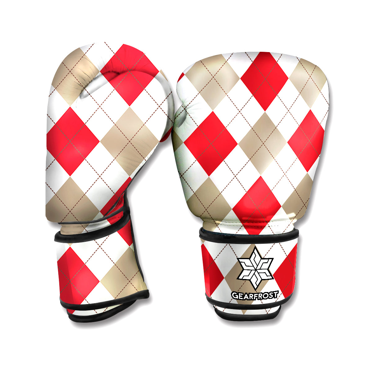 White Red And Beige Argyle Pattern Print Boxing Gloves