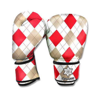 White Red And Beige Argyle Pattern Print Boxing Gloves
