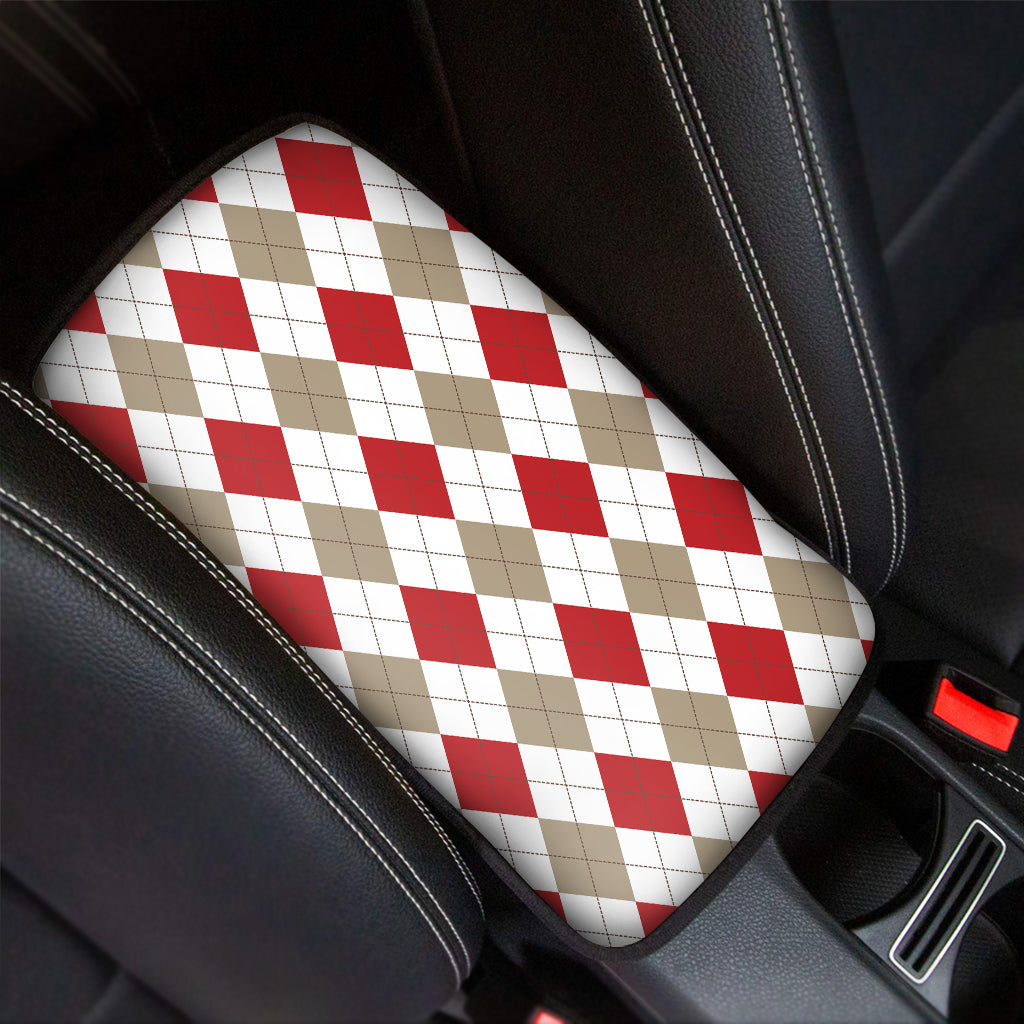 White Red And Beige Argyle Pattern Print Car Center Console Cover