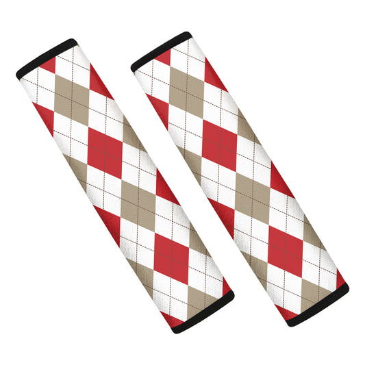 White Red And Beige Argyle Pattern Print Car Seat Belt Covers