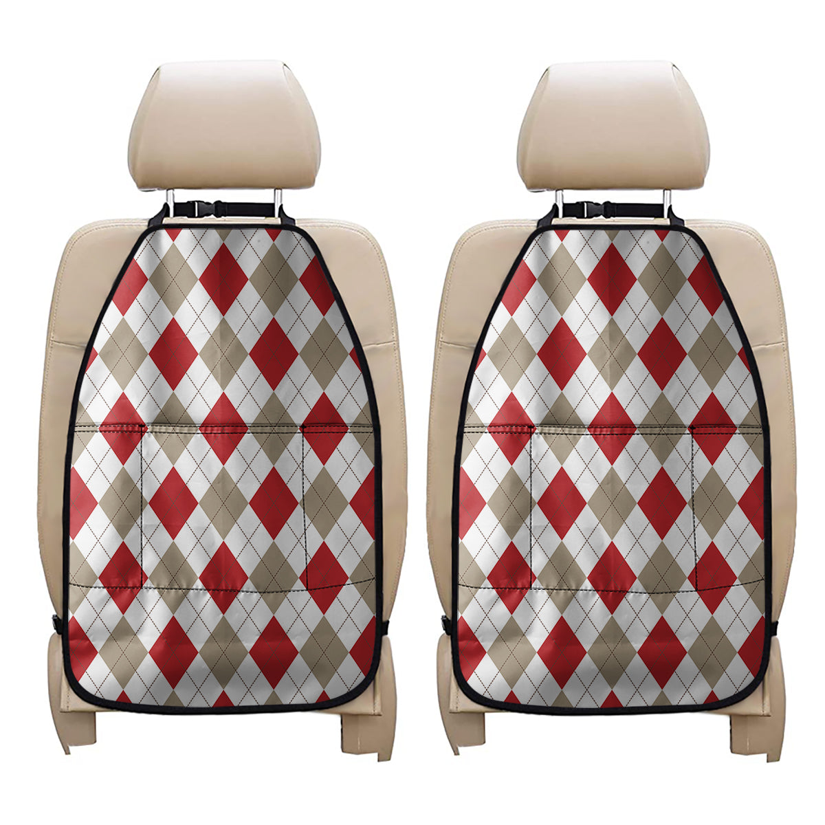 White Red And Beige Argyle Pattern Print Car Seat Organizers