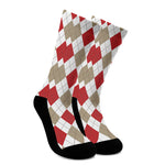 White Red And Beige Argyle Pattern Print Crew Socks