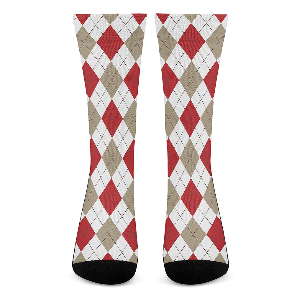 White Red And Beige Argyle Pattern Print Crew Socks