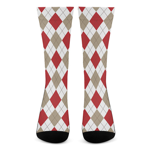White Red And Beige Argyle Pattern Print Crew Socks
