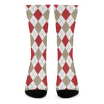 White Red And Beige Argyle Pattern Print Crew Socks