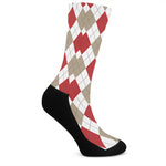 White Red And Beige Argyle Pattern Print Crew Socks