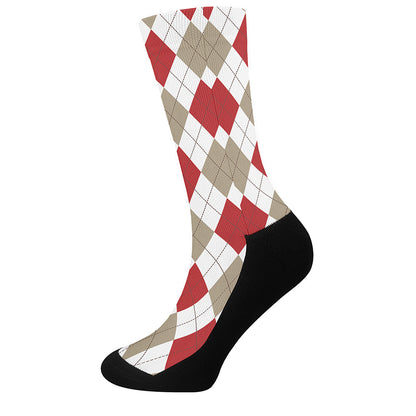 White Red And Beige Argyle Pattern Print Crew Socks