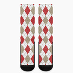 White Red And Beige Argyle Pattern Print Crew Socks