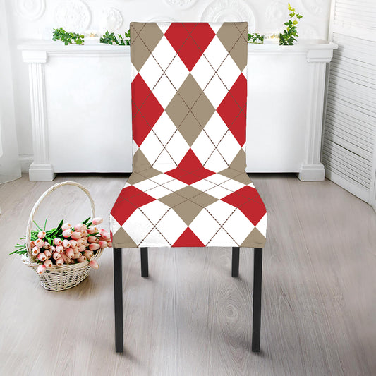 White Red And Beige Argyle Pattern Print Dining Chair Slipcover