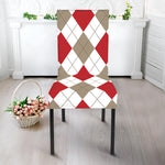 White Red And Beige Argyle Pattern Print Dining Chair Slipcover